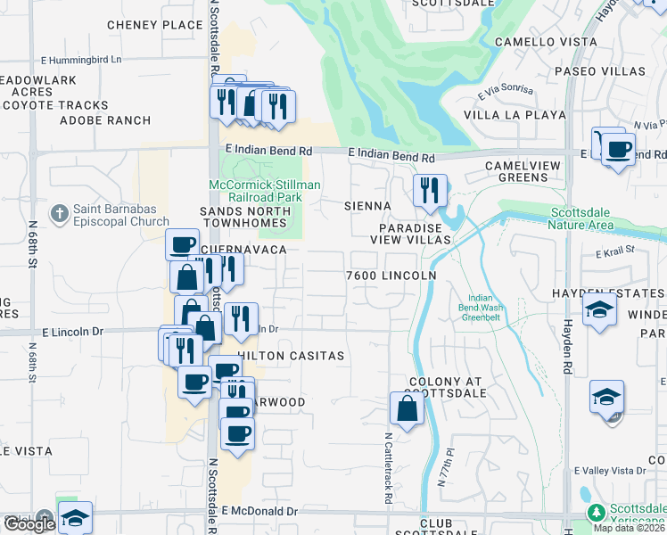 map of restaurants, bars, coffee shops, grocery stores, and more near 7468 East Tuckey Lane in Scottsdale