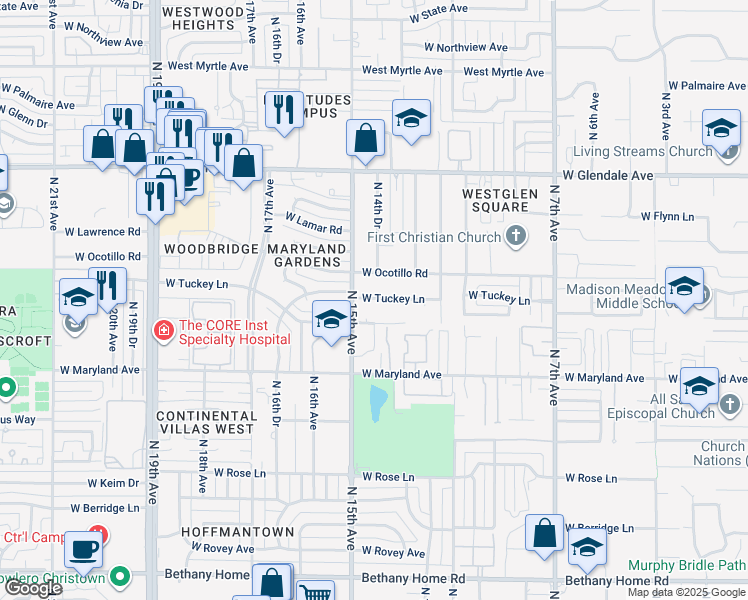 map of restaurants, bars, coffee shops, grocery stores, and more near 1410 West Tuckey Lane in Phoenix