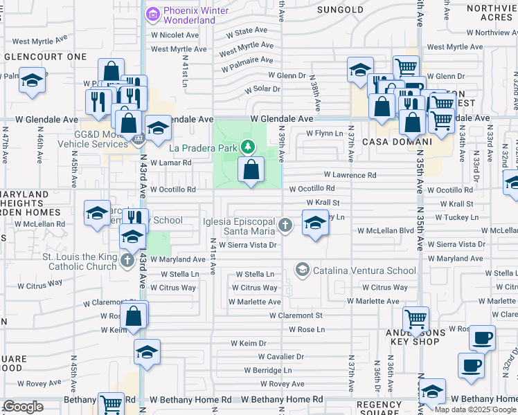 map of restaurants, bars, coffee shops, grocery stores, and more near 3937 West Krall Street in Phoenix