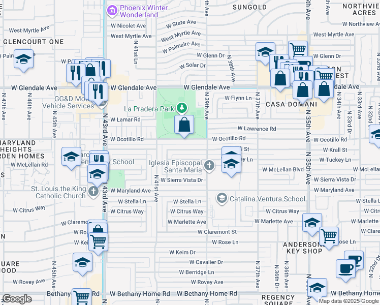 map of restaurants, bars, coffee shops, grocery stores, and more near 3937 West Krall Street in Phoenix
