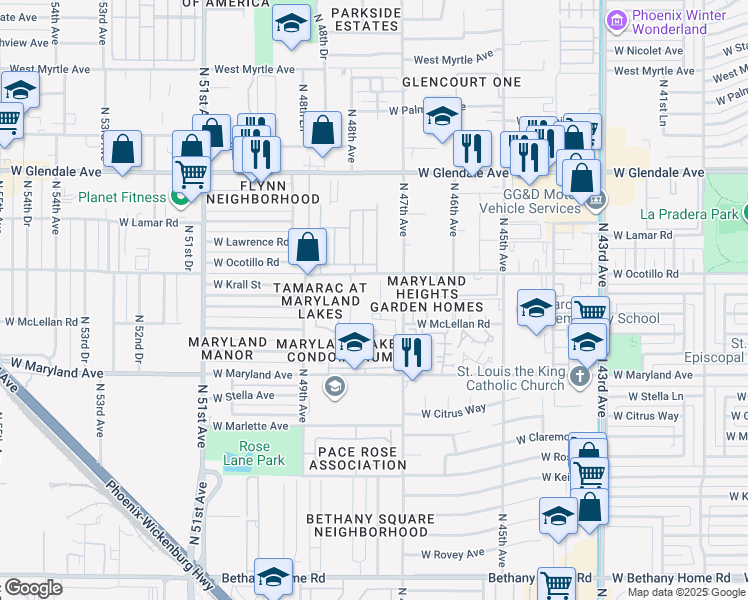map of restaurants, bars, coffee shops, grocery stores, and more near 6630 North 47th Avenue in Glendale