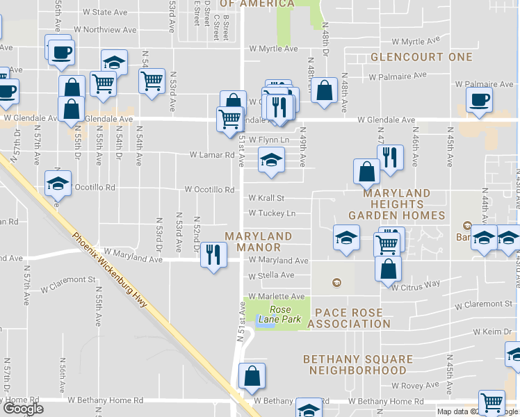 map of restaurants, bars, coffee shops, grocery stores, and more near 5012 West Tuckey Lane in Glendale