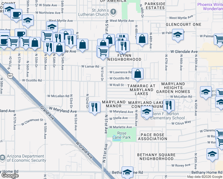 map of restaurants, bars, coffee shops, grocery stores, and more near 5048 West Tuckey Lane in Glendale