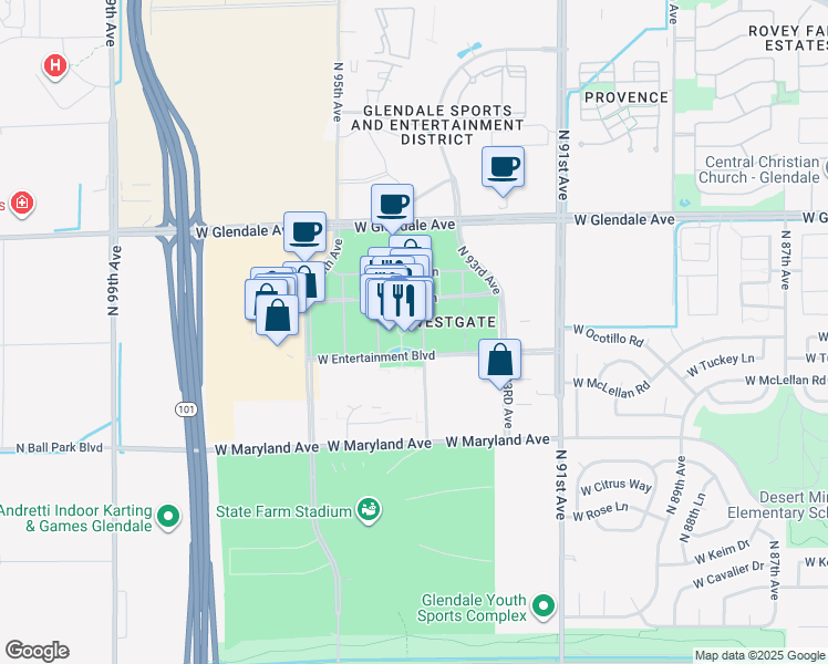 map of restaurants, bars, coffee shops, grocery stores, and more near 6751 North Sunset Boulevard in Glendale