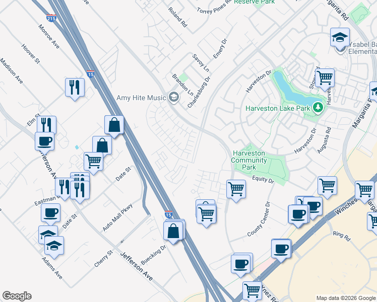 map of restaurants, bars, coffee shops, grocery stores, and more near 41300 Date Street in Murrieta