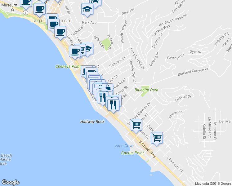 map of restaurants, bars, coffee shops, grocery stores, and more near 440 Cress Street in Laguna Beach