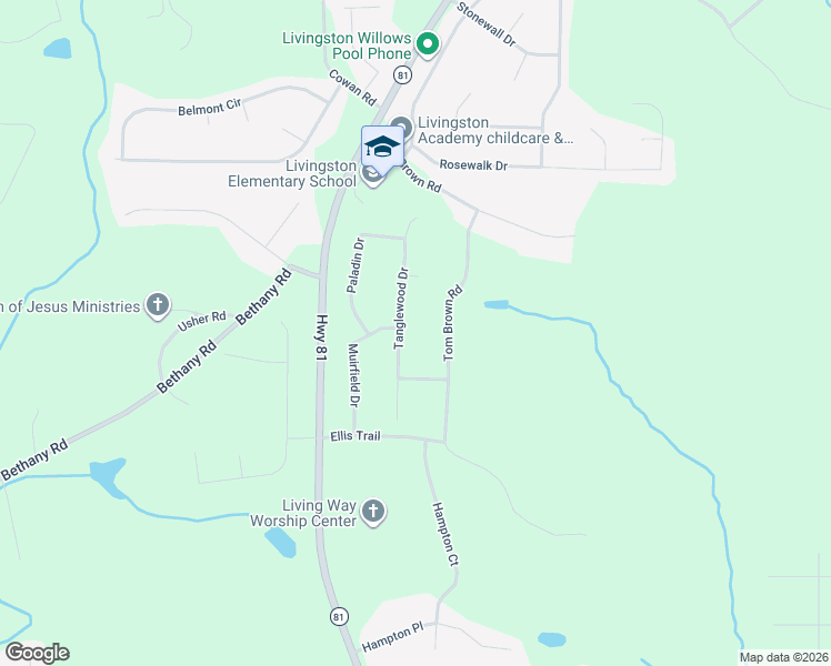 map of restaurants, bars, coffee shops, grocery stores, and more near 90 Tanglewood Drive in Covington