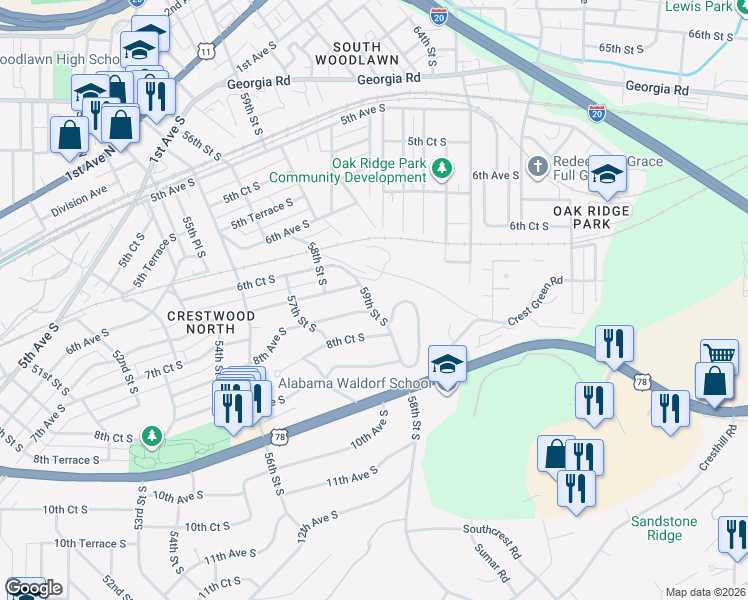 map of restaurants, bars, coffee shops, grocery stores, and more near 713 59th Street South in Birmingham