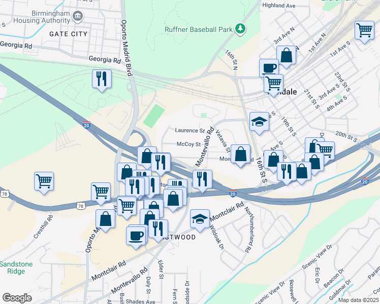 map of restaurants, bars, coffee shops, grocery stores, and more near 1336 Monticello Street in Irondale
