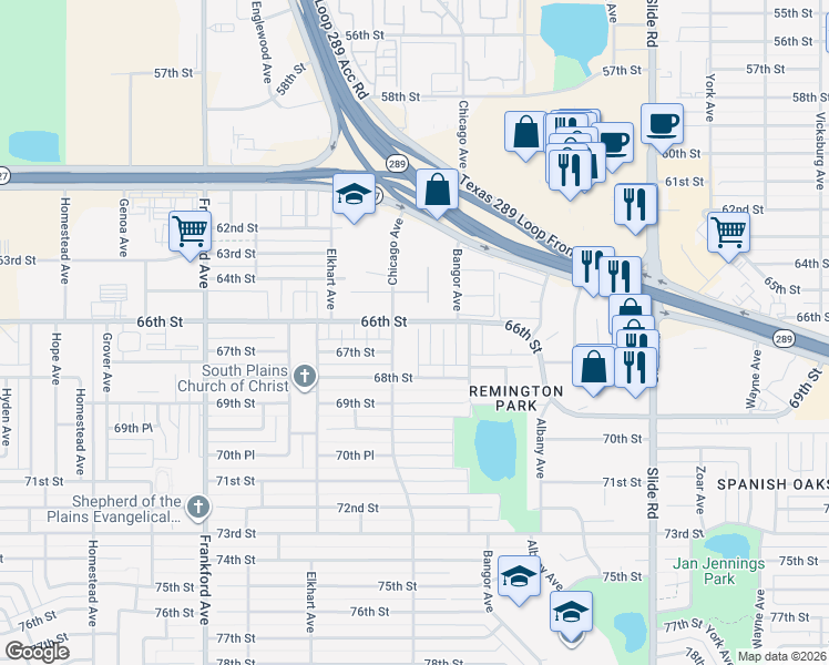 map of restaurants, bars, coffee shops, grocery stores, and more near 6603 Brentwood Avenue in Lubbock