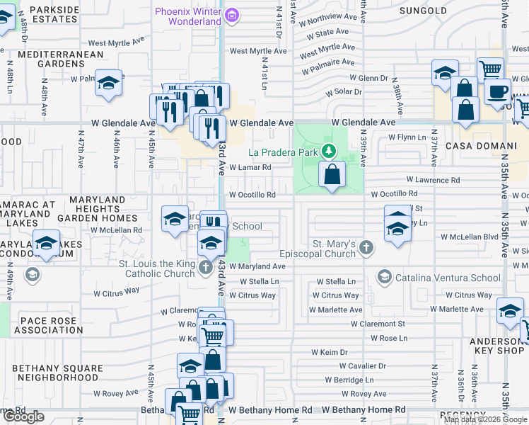 map of restaurants, bars, coffee shops, grocery stores, and more near 4141 West Krall Street in Phoenix