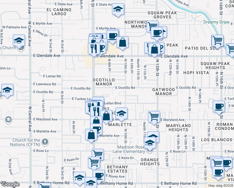 map of restaurants, bars, coffee shops, grocery stores, and more near 906 East Tuckey Lane in Phoenix