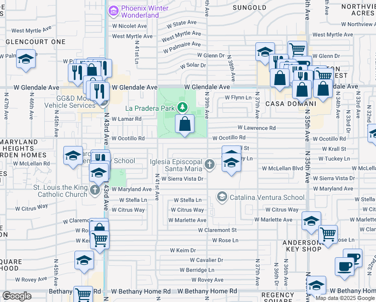map of restaurants, bars, coffee shops, grocery stores, and more near 3937 West Krall Street in Phoenix