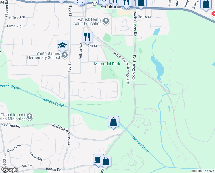 map of restaurants, bars, coffee shops, grocery stores, and more near 902 Moonlit Crescent in Stockbridge