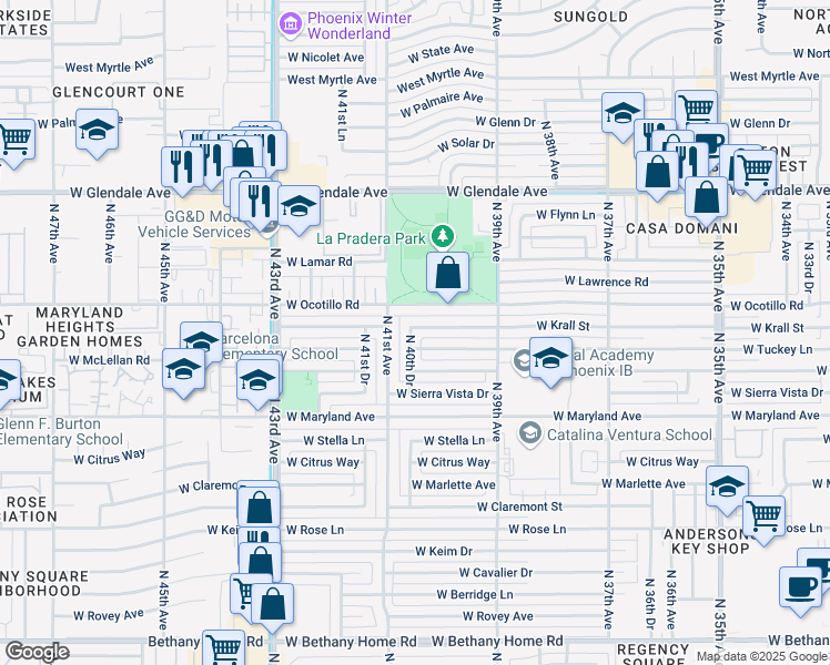 map of restaurants, bars, coffee shops, grocery stores, and more near 6615 North 40th Drive in Phoenix