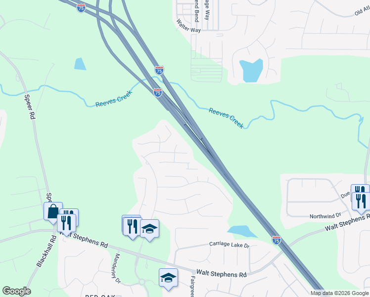 map of restaurants, bars, coffee shops, grocery stores, and more near 157 Ventura Trail in Stockbridge