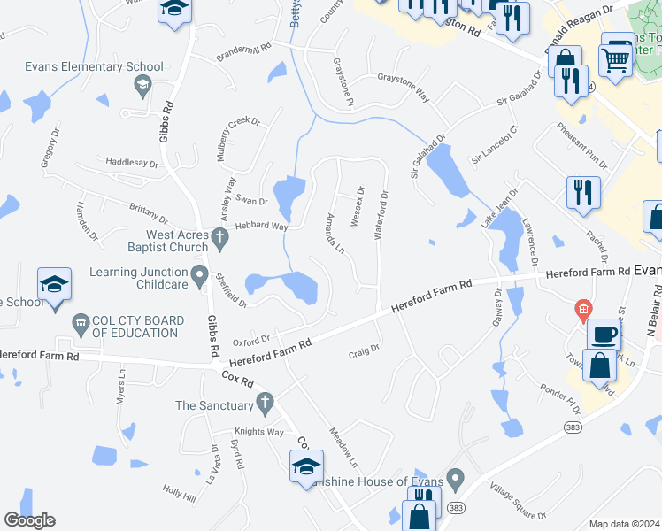 map of restaurants, bars, coffee shops, grocery stores, and more near 4562 Oxford Drive in Evans