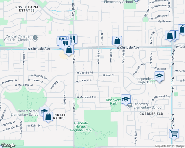 map of restaurants, bars, coffee shops, grocery stores, and more near 8108 West Krall Street in Glendale