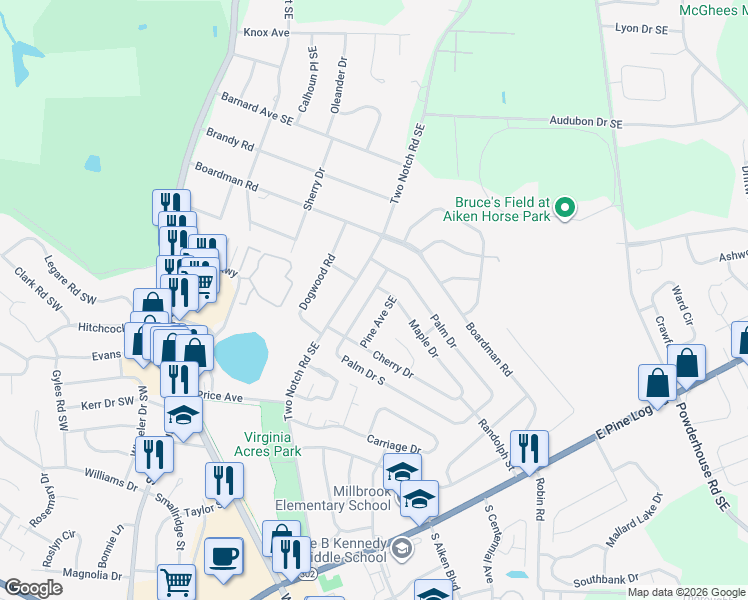 map of restaurants, bars, coffee shops, grocery stores, and more near 408 Palm Drive in Aiken