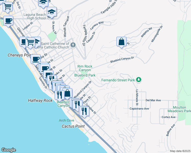 map of restaurants, bars, coffee shops, grocery stores, and more near 918 Van Dyke Drive in Laguna Beach