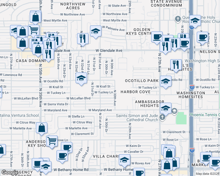 map of restaurants, bars, coffee shops, grocery stores, and more near 3001 West Krall Street in Phoenix