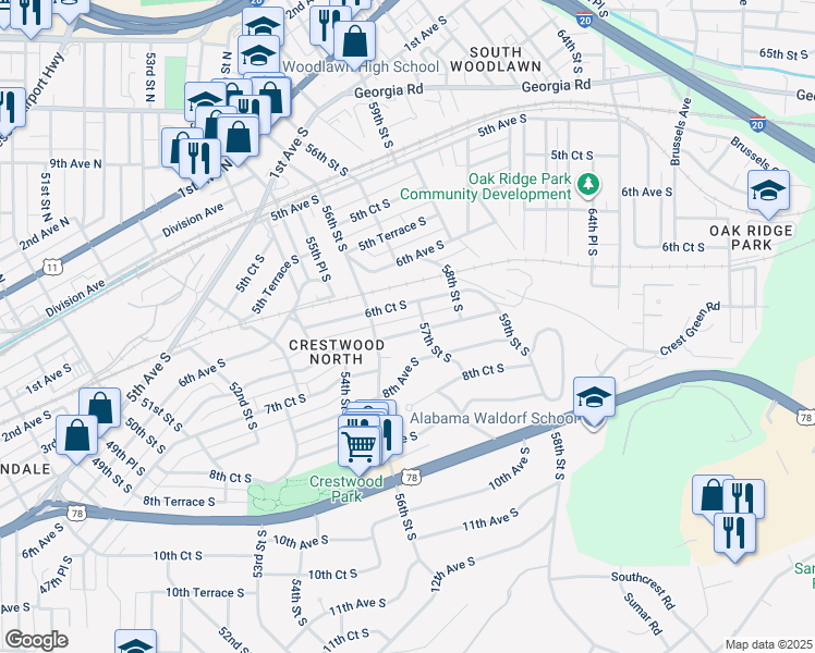 map of restaurants, bars, coffee shops, grocery stores, and more near 5620 7th Avenue South in Birmingham