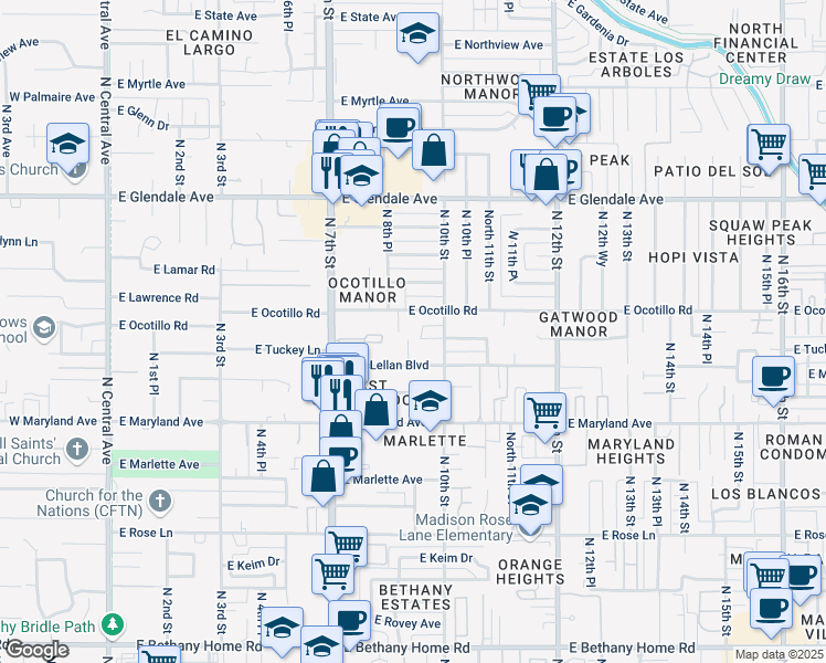 map of restaurants, bars, coffee shops, grocery stores, and more near 906 East Tuckey Lane in Phoenix