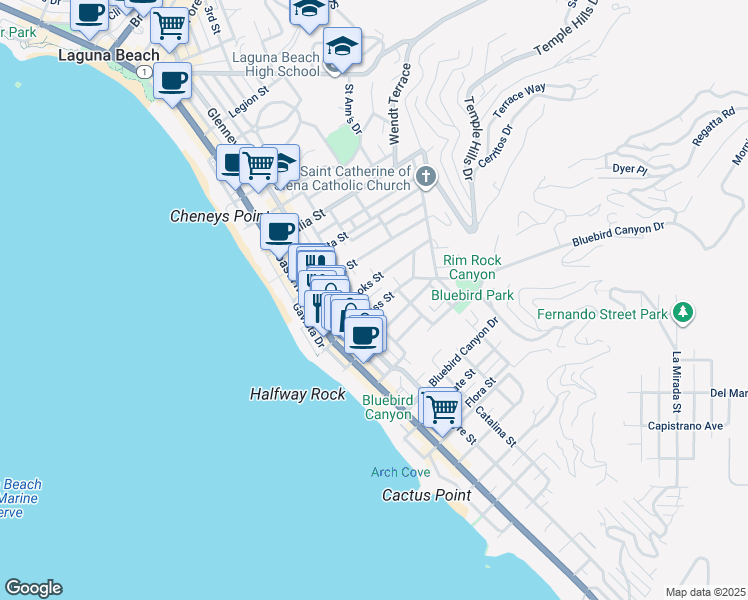map of restaurants, bars, coffee shops, grocery stores, and more near 440 Cress Street in Laguna Beach