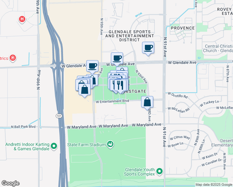 map of restaurants, bars, coffee shops, grocery stores, and more near 6751 North Sunset Boulevard in Glendale
