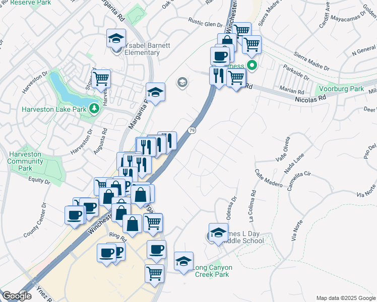 map of restaurants, bars, coffee shops, grocery stores, and more near 40147 Starling Street in Temecula