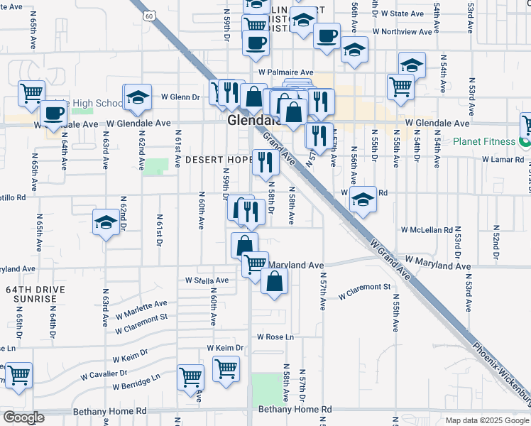 map of restaurants, bars, coffee shops, grocery stores, and more near 6621 North 58th Drive in Glendale