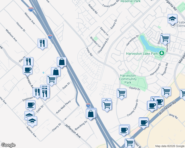 map of restaurants, bars, coffee shops, grocery stores, and more near 41300 Date Street in Murrieta