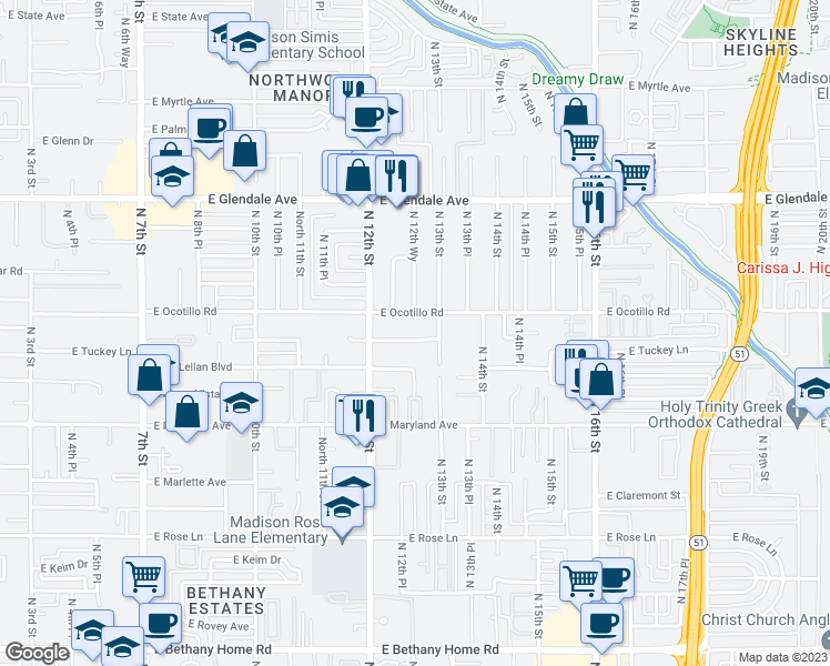 map of restaurants, bars, coffee shops, grocery stores, and more near 1240 East Tuckey Lane in Phoenix