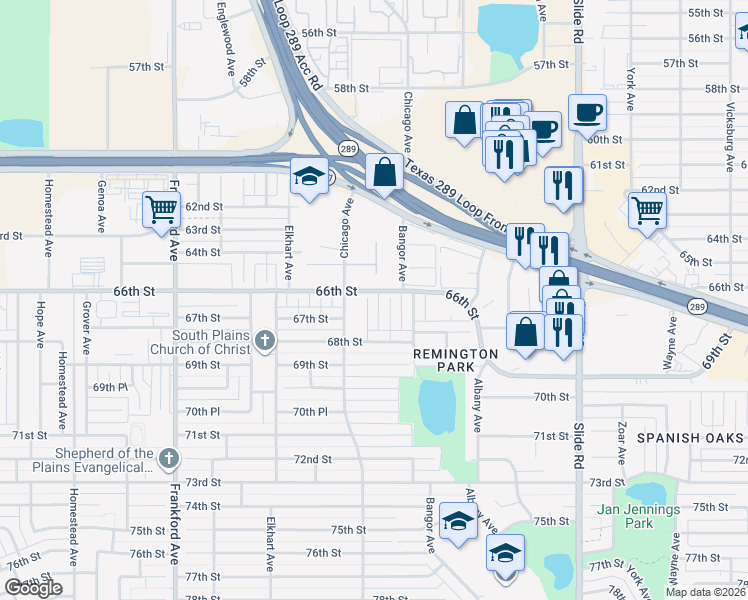 map of restaurants, bars, coffee shops, grocery stores, and more near 6603 Brentwood Avenue in Lubbock