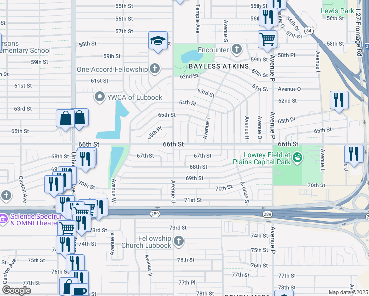 map of restaurants, bars, coffee shops, grocery stores, and more near 1933 66th Street in Lubbock