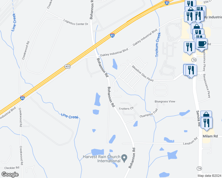 map of restaurants, bars, coffee shops, grocery stores, and more near 3872 Meadow Glen Parkway in Fairburn