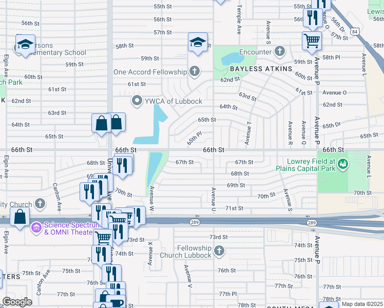 map of restaurants, bars, coffee shops, grocery stores, and more near 2113 66th Street in Lubbock