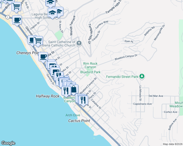 map of restaurants, bars, coffee shops, grocery stores, and more near 756 Bluebird Canyon Drive in Laguna Beach