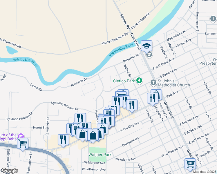 map of restaurants, bars, coffee shops, grocery stores, and more near 1203 Peggy Lane in Greenwood