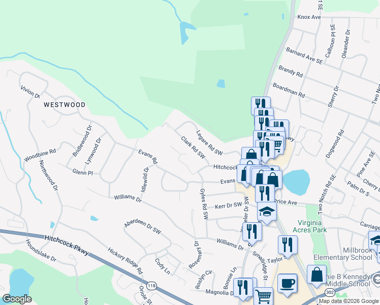 map of restaurants, bars, coffee shops, grocery stores, and more near 1129 Parsons Lane Southwest in Aiken