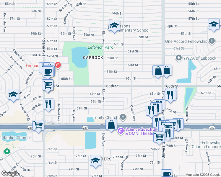 map of restaurants, bars, coffee shops, grocery stores, and more near 2829 66th Street in Lubbock