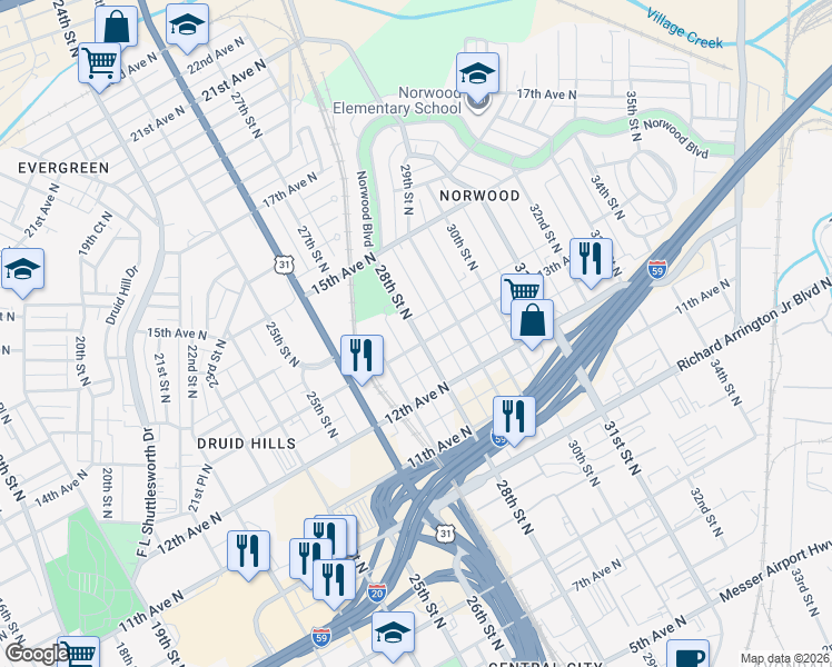 map of restaurants, bars, coffee shops, grocery stores, and more near 1328 28th Street North in Birmingham