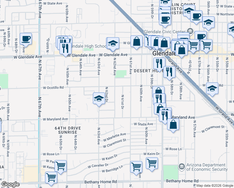 map of restaurants, bars, coffee shops, grocery stores, and more near 6621 North 62nd Avenue in Glendale