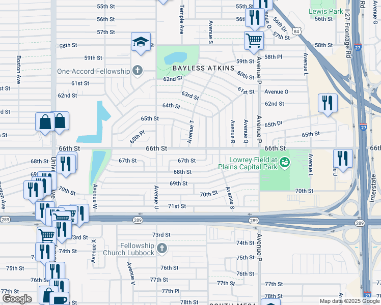 map of restaurants, bars, coffee shops, grocery stores, and more near 1919 66th Street in Lubbock