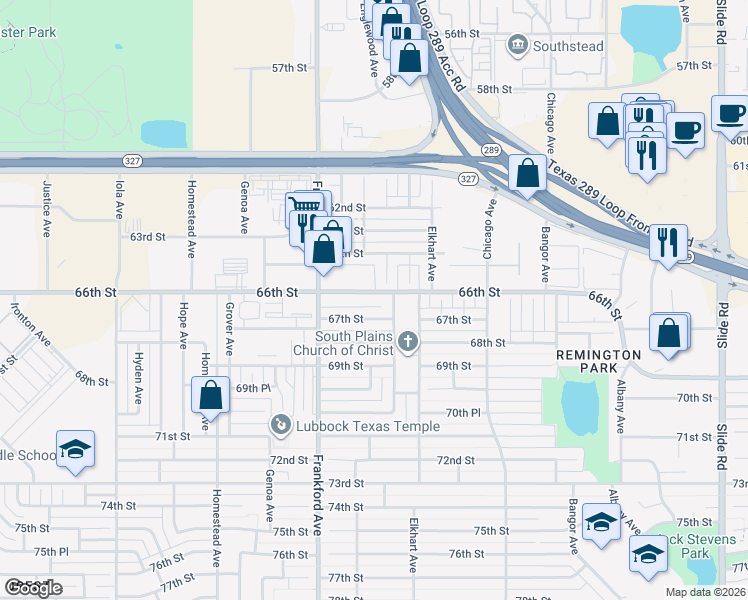 map of restaurants, bars, coffee shops, grocery stores, and more near 6602 Elmwood Avenue in Lubbock