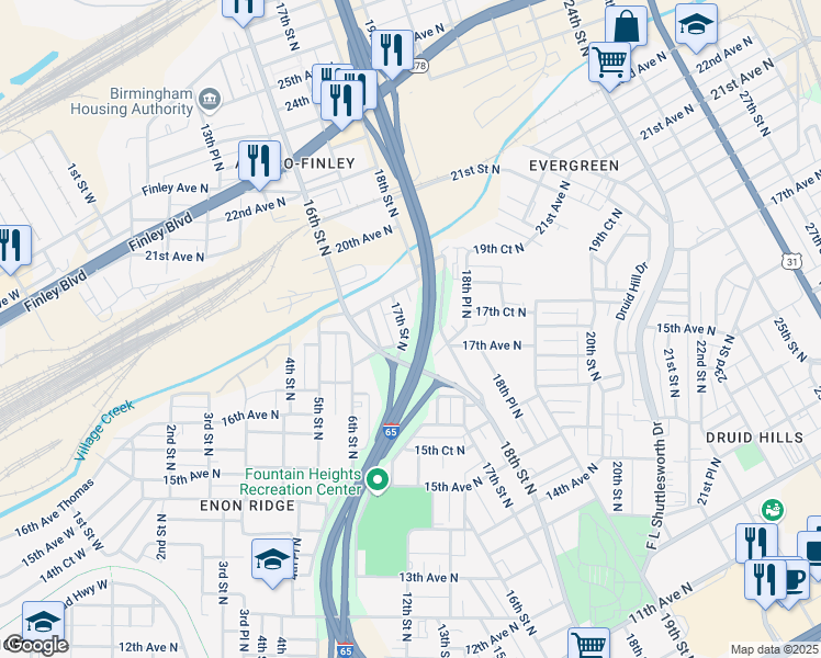 map of restaurants, bars, coffee shops, grocery stores, and more near 1735 17th Street North in Birmingham