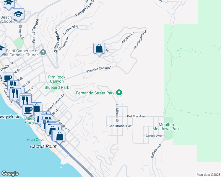 map of restaurants, bars, coffee shops, grocery stores, and more near 1385 Katella Street in Laguna Beach