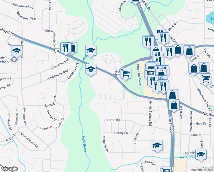 map of restaurants, bars, coffee shops, grocery stores, and more near 8073 Crown Way in Jonesboro