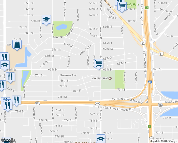 map of restaurants, bars, coffee shops, grocery stores, and more near 1609 66th Street in Lubbock