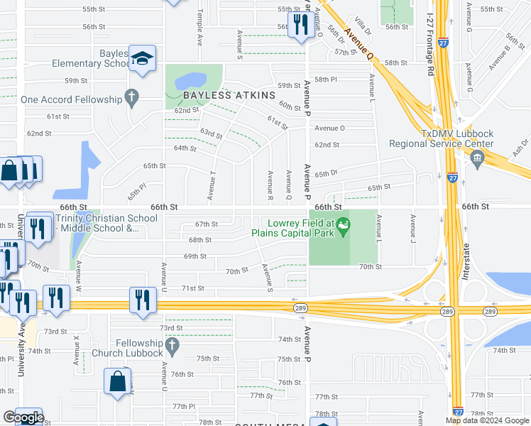 map of restaurants, bars, coffee shops, grocery stores, and more near 1805 66th Street in Lubbock